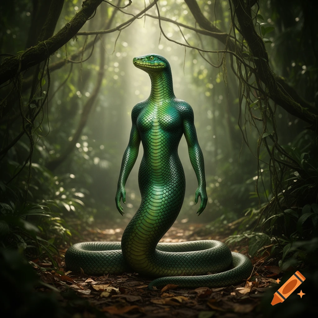 A green, photorealistic snake-human hybrid stands on a sunlit jungle path amidst dense foliage.
