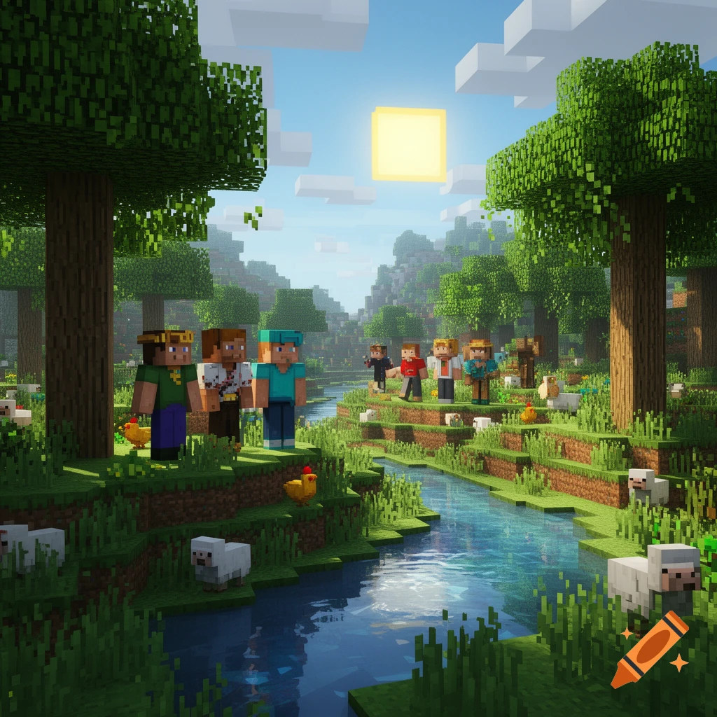Minecraft characters and animals in a lush, blocky green landscape with a river under a bright sun.