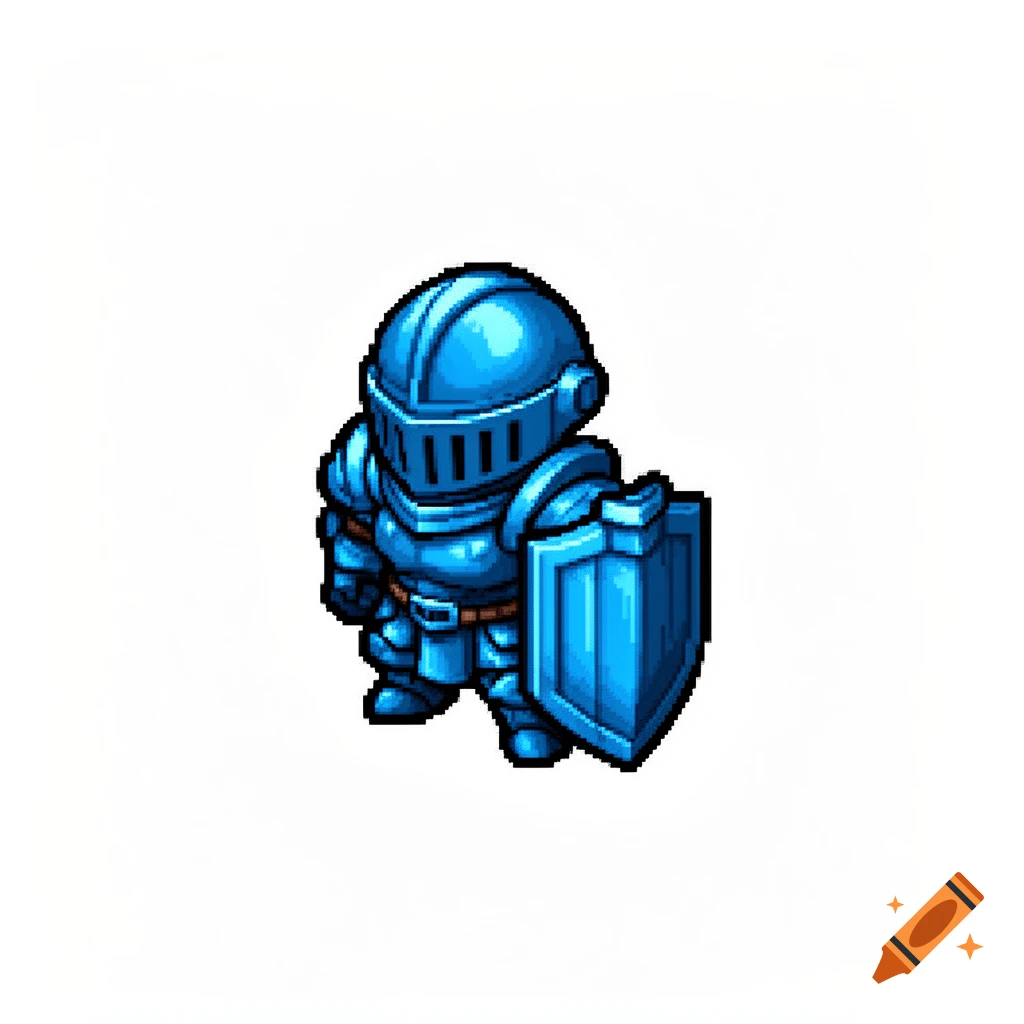 Chibi pixel art knight in steel blue armor holding a large shield on a white background.