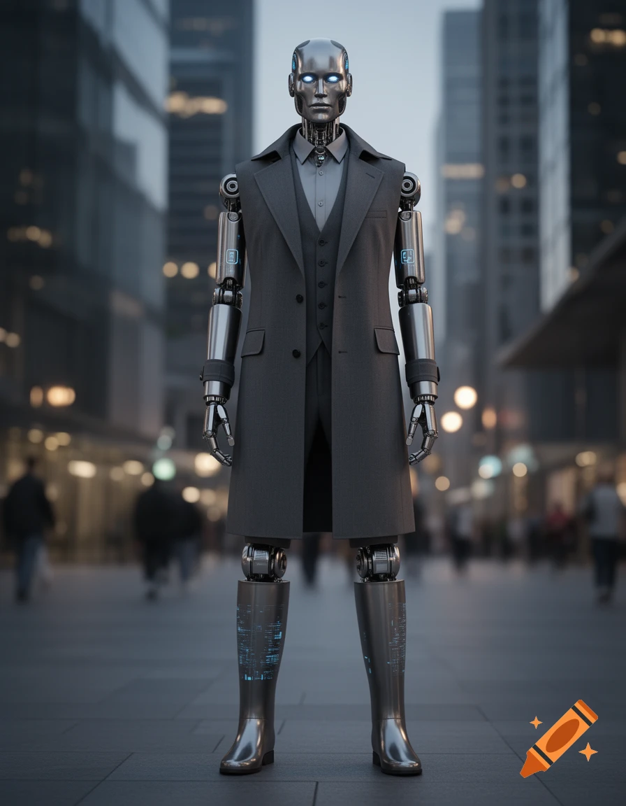Photorealistic humanoid robot in a charcoal gray suit, trench coat, and knee-length boots stands in a blurred city.