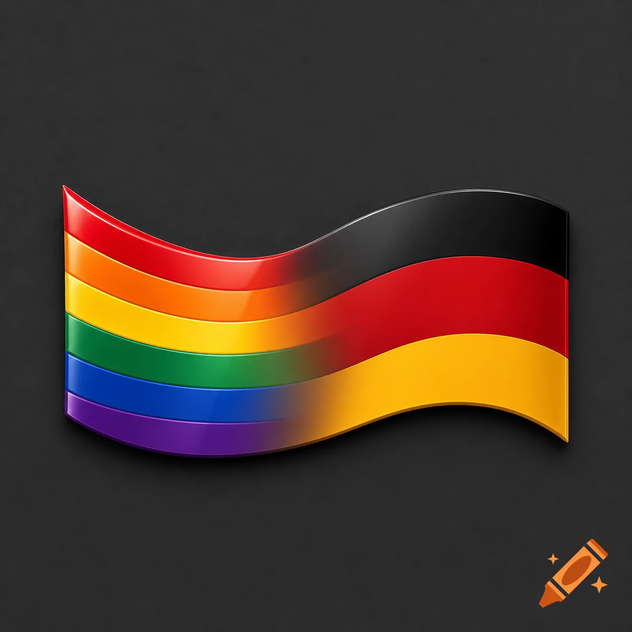 A glossy, wavy 3D rainbow flag subtly transitions into a German flag, set against a dark grey background.