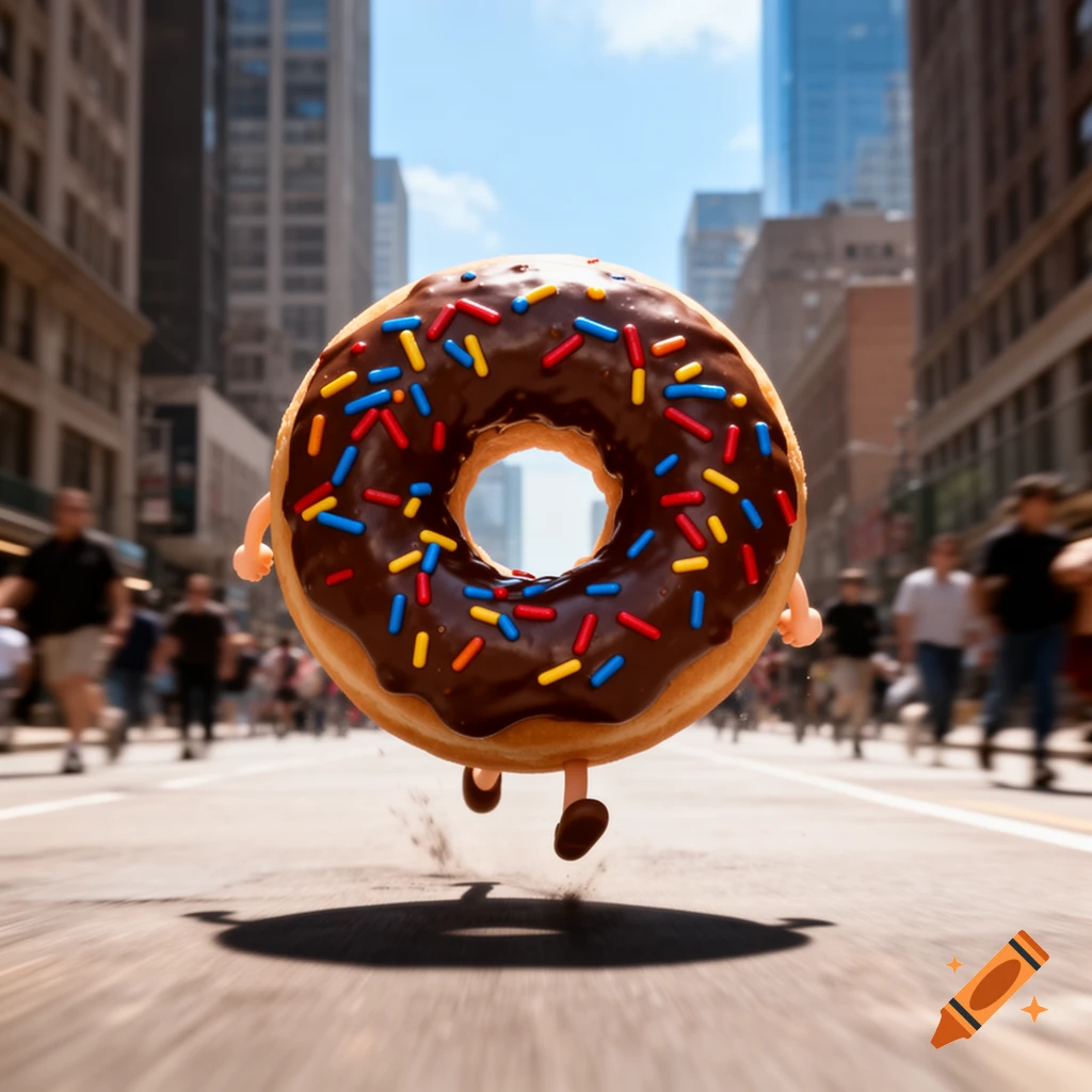 A cartoon-like chocolate donut with sprinkles runs down a blurred city street on a sunny day.