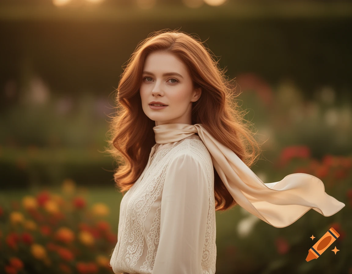 Photorealistic portrait of a woman with long red hair, wearing a cream lace blouse and a flowing scarf, in a golden-lit garden.