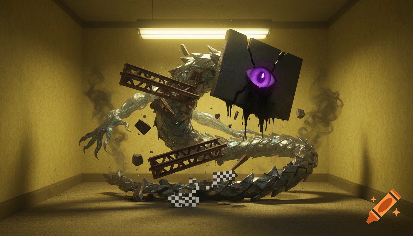 A surreal, glitched dragon-like creature with a glowing violet eye manifests in a yellow room, causing reality to warp with missing texture checkers.