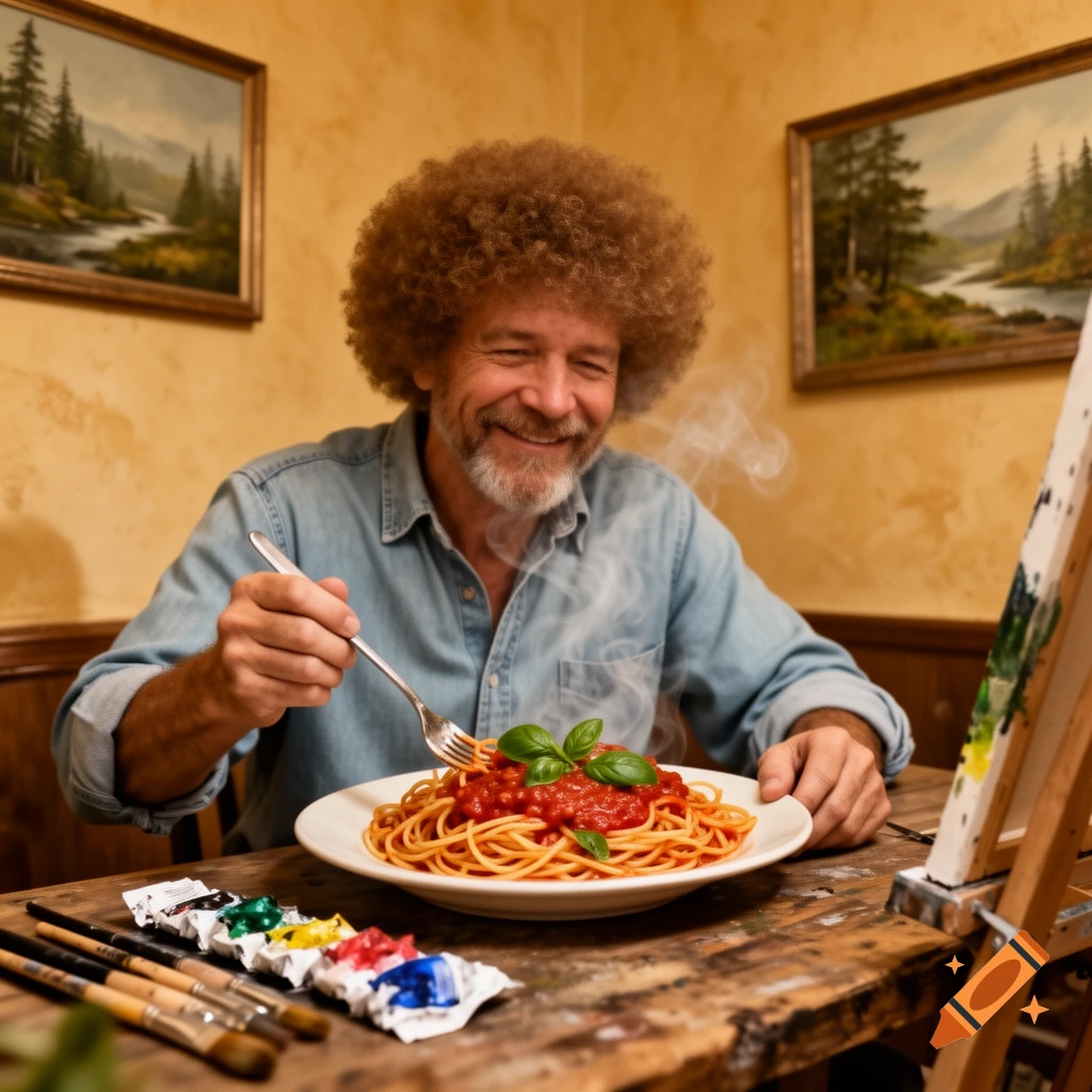 Smiling man resembling Bob Ross with a large afro and beard eats spaghetti, surrounded by art supplies and paintings.