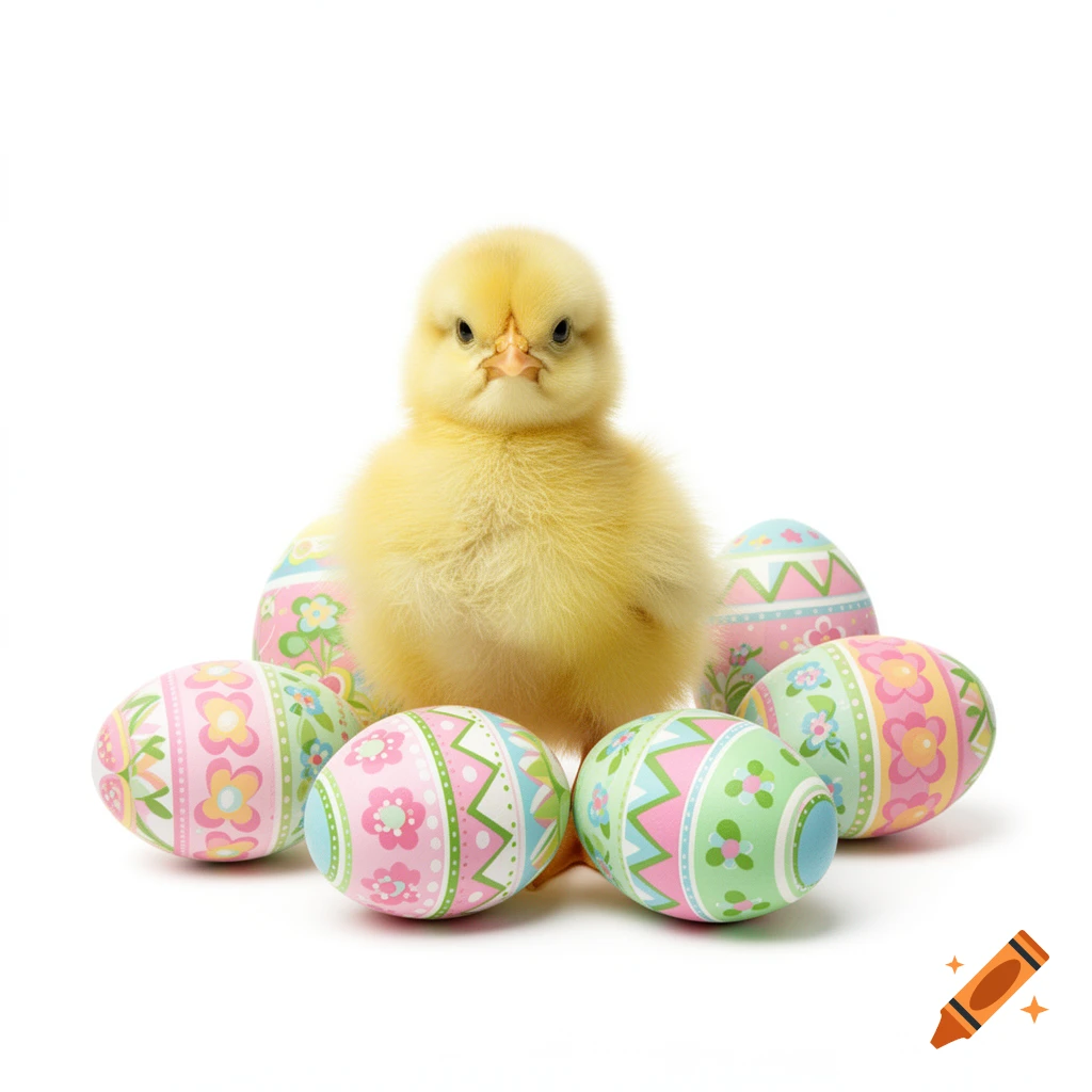 A fluffy yellow chick stands among several pastel patterned Easter eggs on a white background.