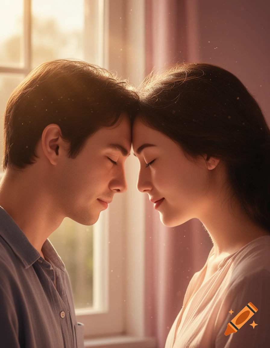 A photorealistic portrait of a man and woman with foreheads touching, eyes closed, bathed in warm sunlight.
