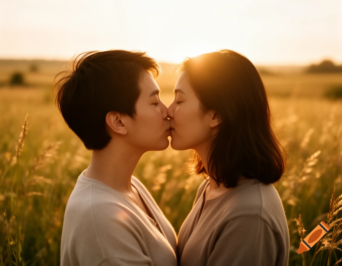 A couple kissing in a sunlit field at sunset.
