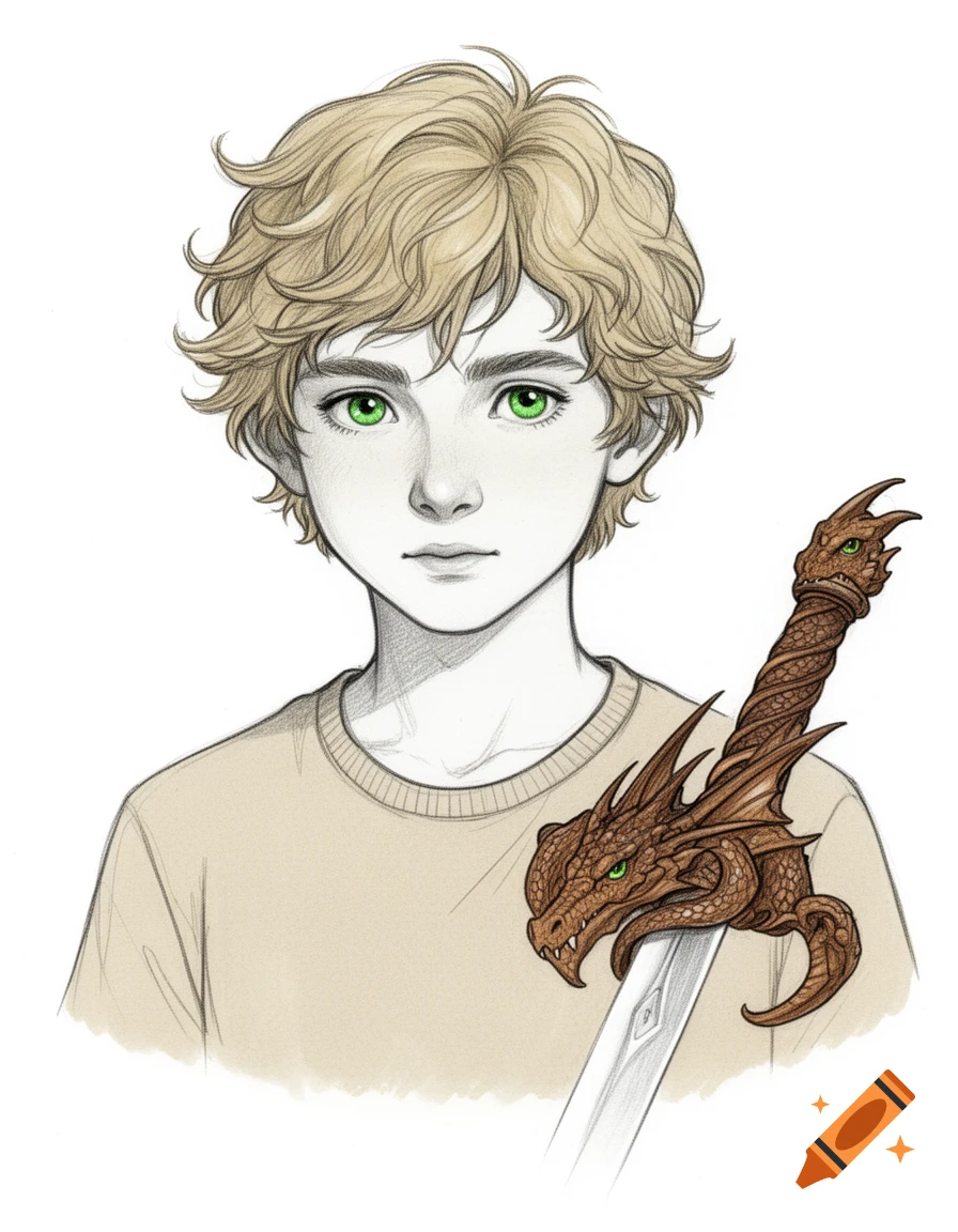 Hand-drawn illustration of a dirty blonde boy with green eyes and a brown dragon hilt sword.