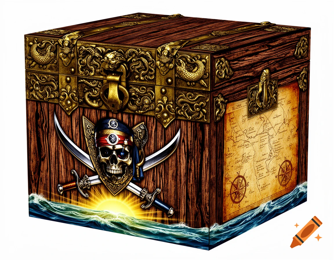 A stylized pirate treasure chest with ornate gold details, a skull with crossed swords, and a faded map on its side, surrounded by ocean waves.