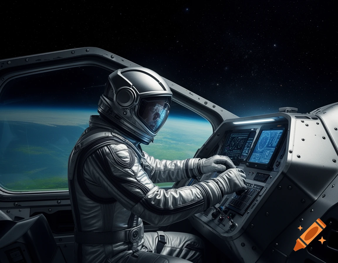 Photorealistic astronaut in a futuristic spaceship cockpit, viewing Earth and stars through the window.