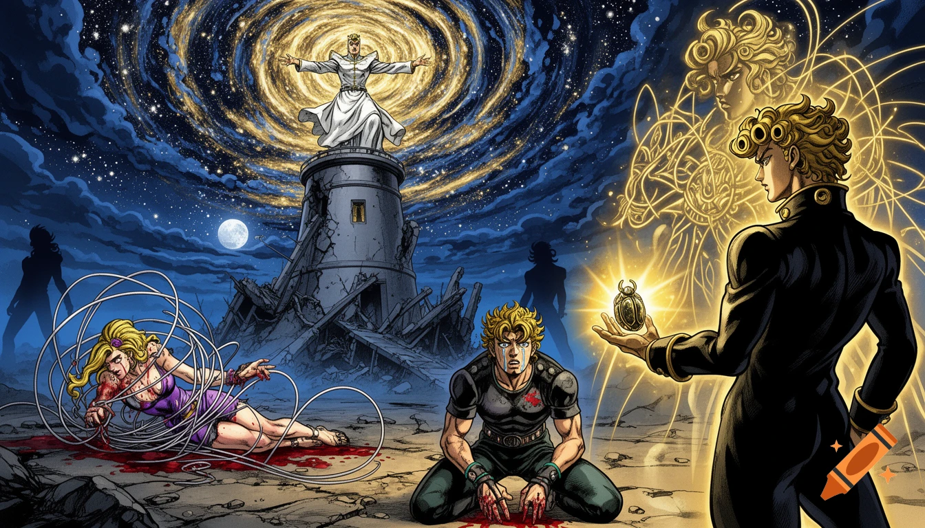 A colored manga illustration in the style of JoJo's Bizarre Adventure depicts a dramatic scene under a swirling night sky. A figure in white stands triumphantly on a ruined tower. Below, a blonde woman lies wounded in blood, and a man kneels in despair with bloody hands. Another figure stands backlit by golden light, holding a glowing scarab.