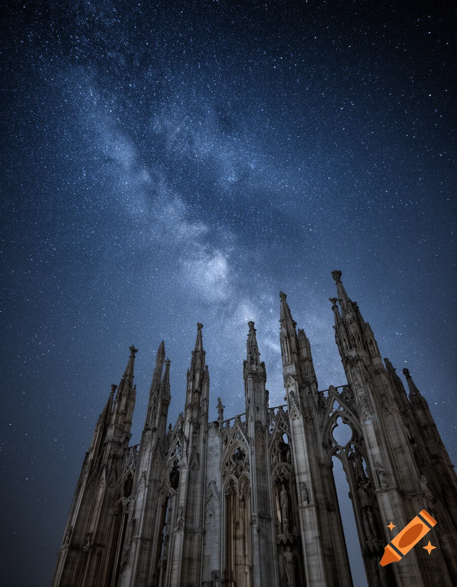 A dramatic low-angle view of ornate gothic spires reaching towards a dark blue night sky illuminated by the Milky Way.
