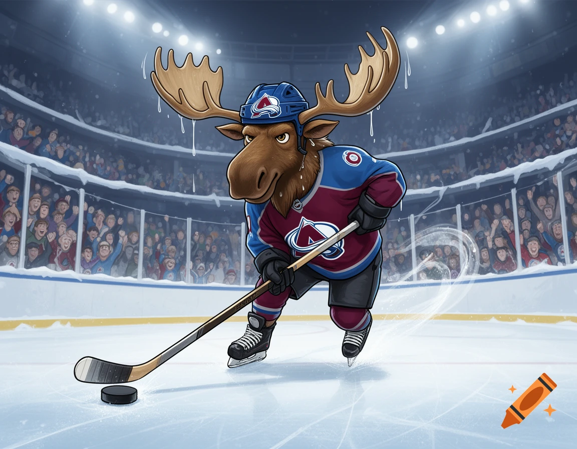 A cartoon moose wearing a blue and maroon Colorado Avalanche hockey uniform, helmet, and skates, holding a hockey stick over a puck on an ice rink, with a cheering crowd in the background.