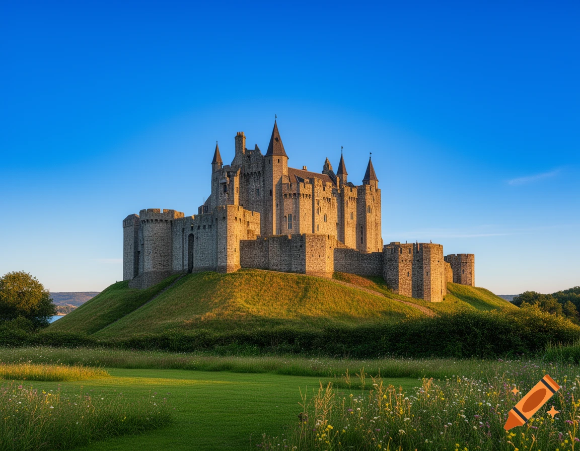 A grand stone castle with multiple towers sits atop a grassy hill under a clear blue sky, with fields and trees.