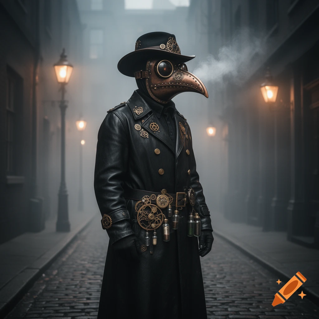 A steampunk plague doctor in a black leather coat and a bird-beak mask stands on a foggy, gaslit cobblestone street.