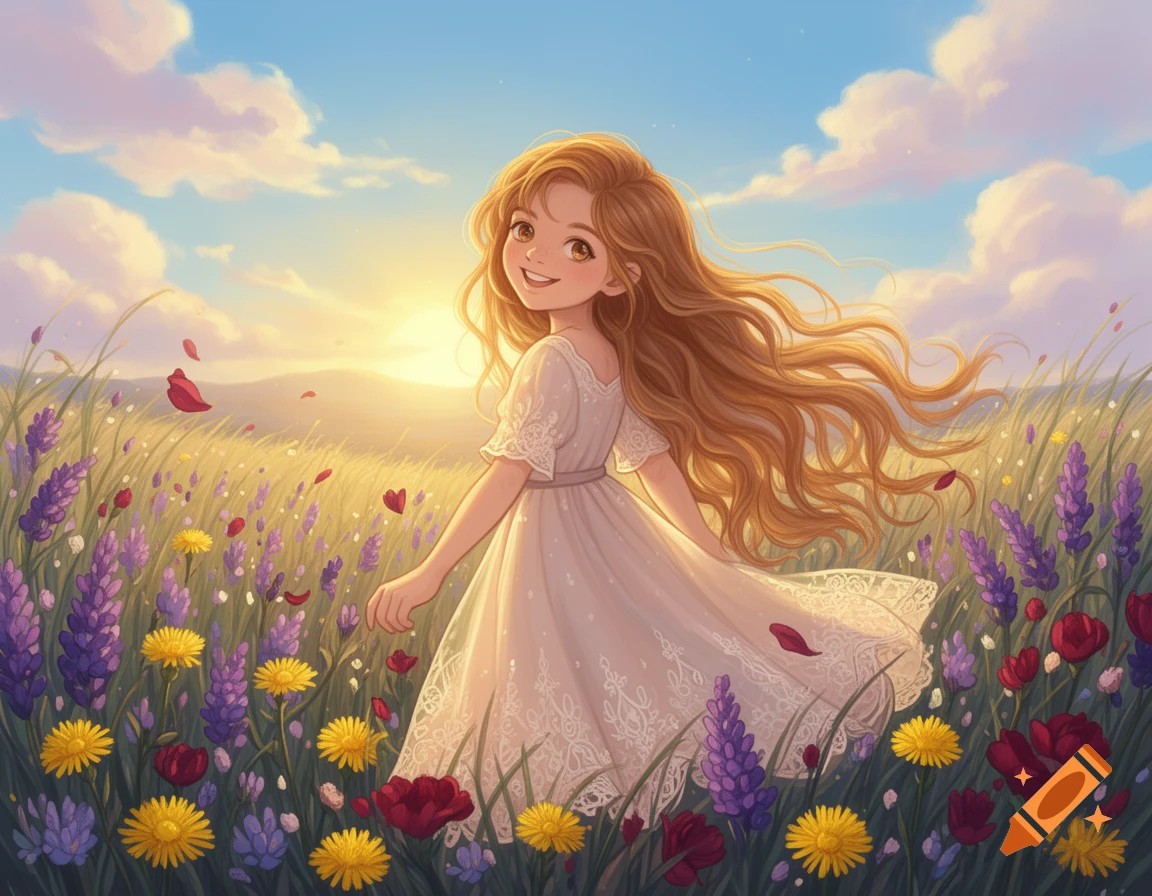 An illustration of a smiling girl with long golden hair walking through a field of colorful wildflowers at sunset.