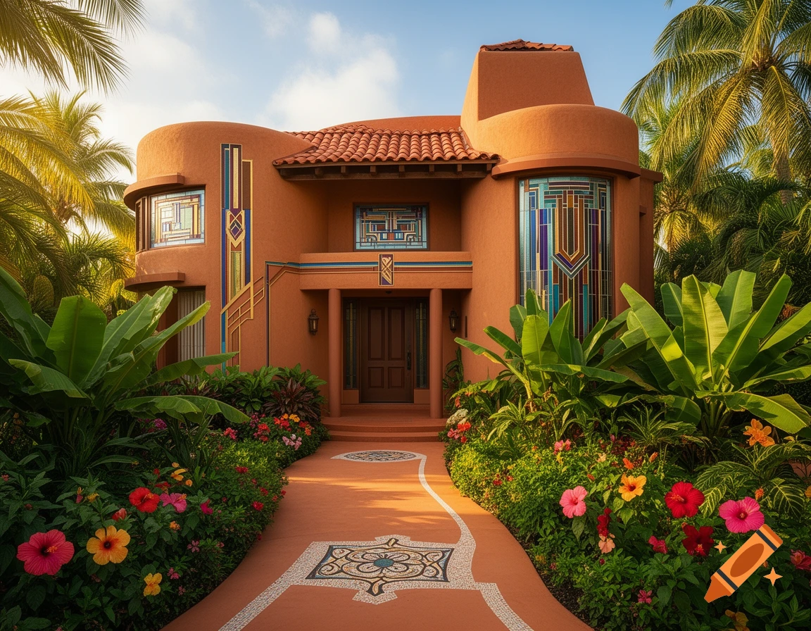 An Art Deco neo-Pueblo house with terracotta walls and vibrant stained glass windows, surrounded by a lush tropical garden with colorful flowers and palm trees.