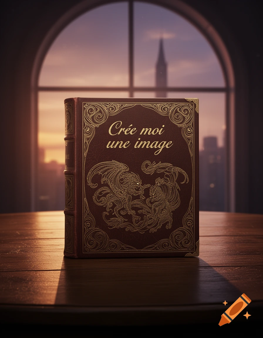 An old, ornate fantasy book with golden embossed dragons and text 'Crée moi une image' sits on a wooden table, in front of an arched window overlooking a city at sunset.