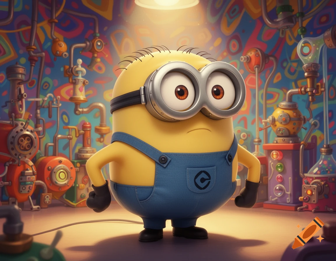 A yellow Minion character in denim overalls and goggles stands in a colorful, whimsical laboratory filled with pipes and machinery.