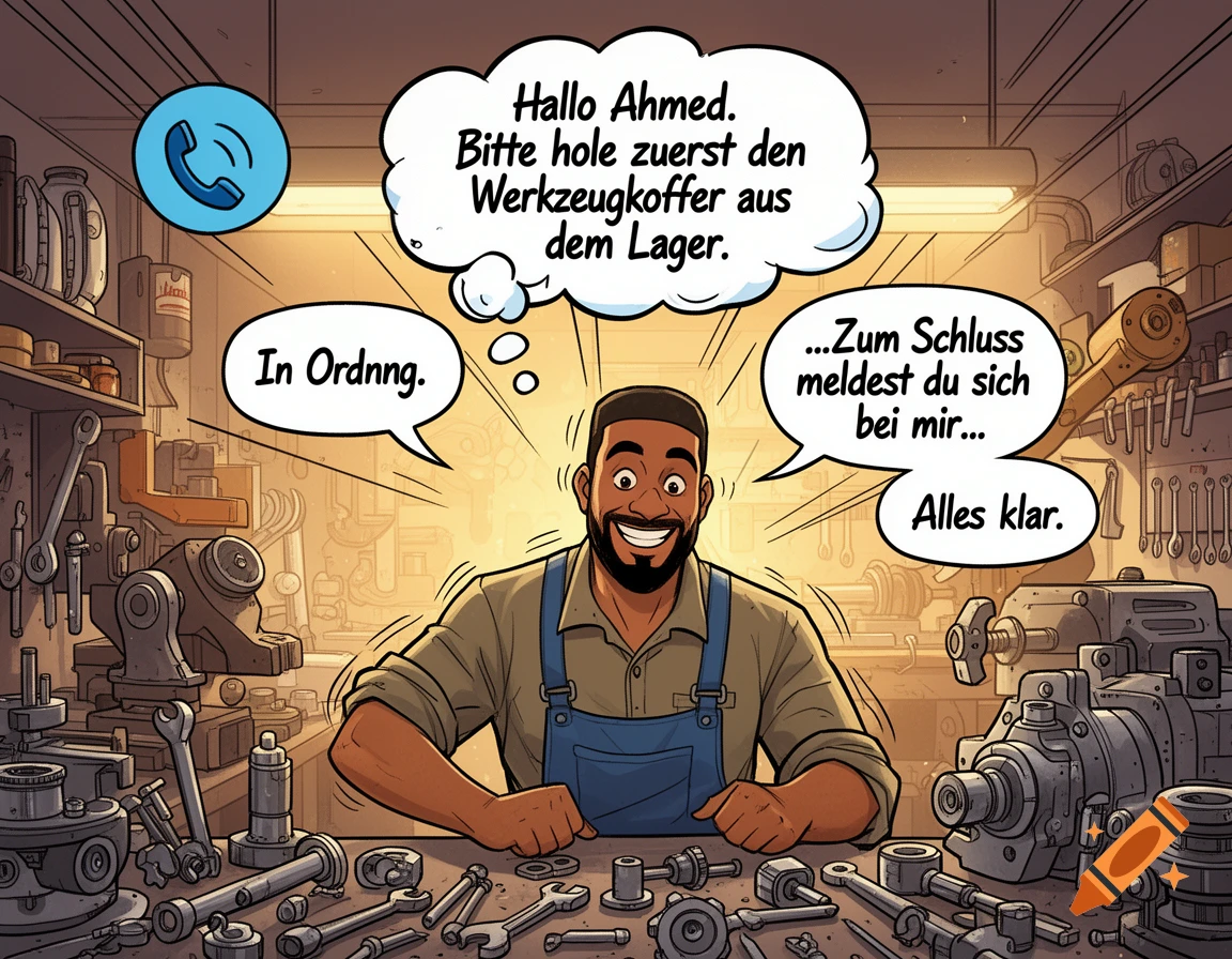 A man with a beard, wearing a shirt and overalls, sits at a workbench full of tools, looking at speech bubbles in a comic style. One bubble contains a phone icon.