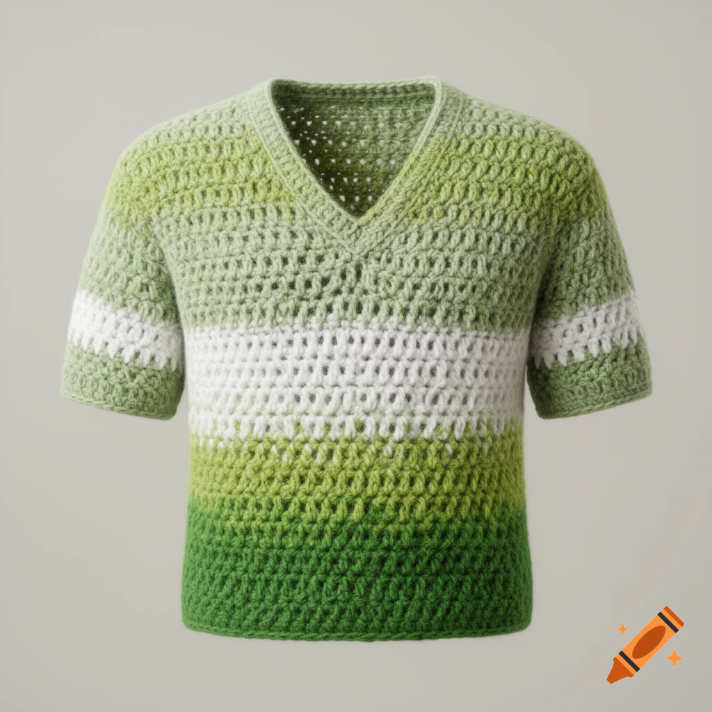 A V-neck, short-sleeved crocheted shirt with horizontal stripes of light green, white, and dark green.