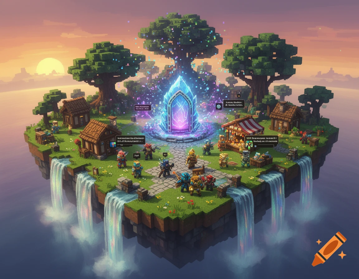 A vibrant pixel art floating island with waterfalls, houses, and blocky characters surrounding a glowing crystal portal at sunset.