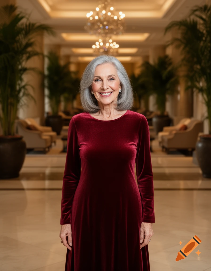 A smiling older woman with shoulder-length gray hair wears a red velvet dress, looking directly at the camera in a photorealistic hotel lobby setting.