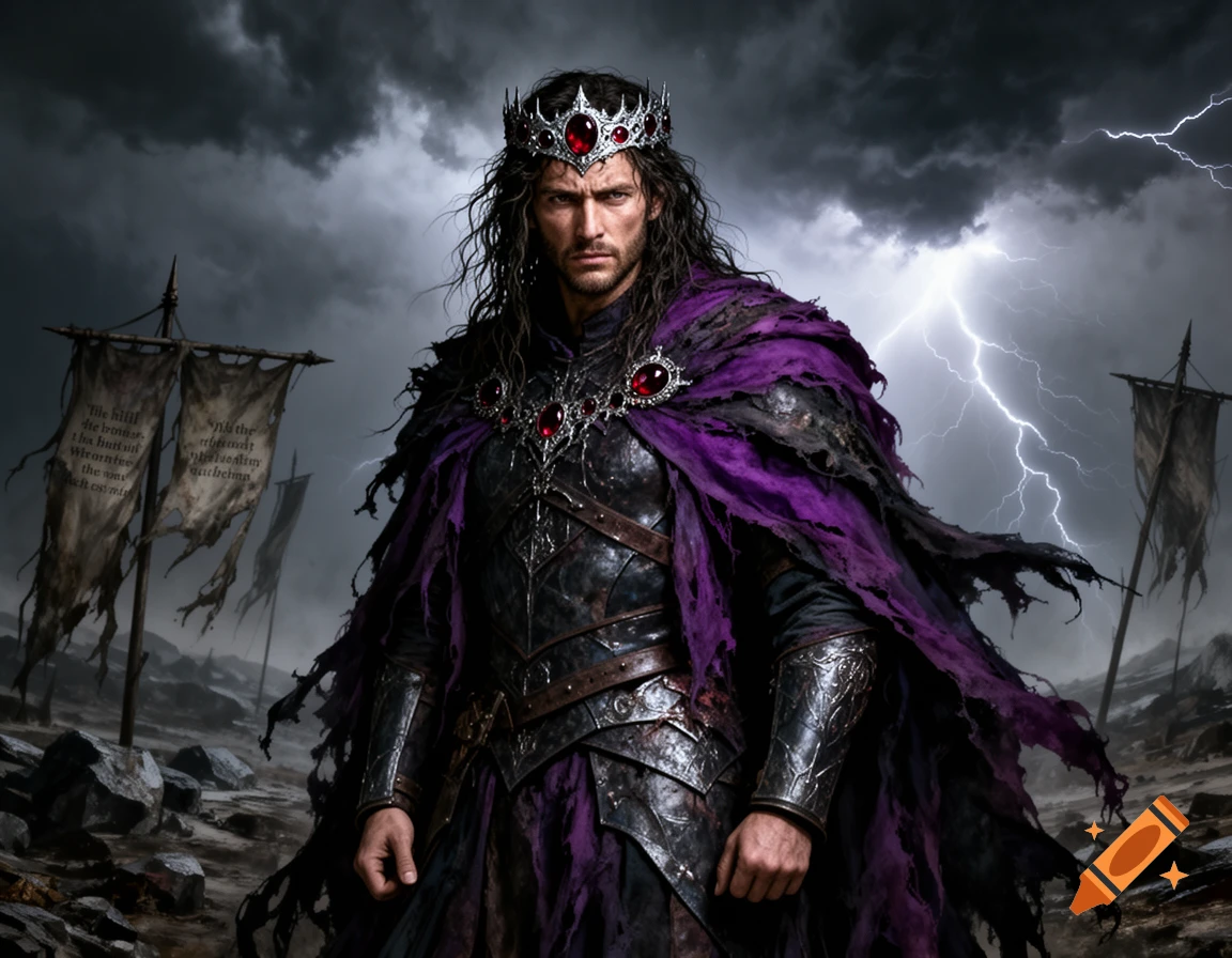 Photorealistic dark fantasy portrait of a stern king with long dark hair, wearing a jeweled crown and a tattered purple cape over armor, against a stormy sky with lightning and distant banners.