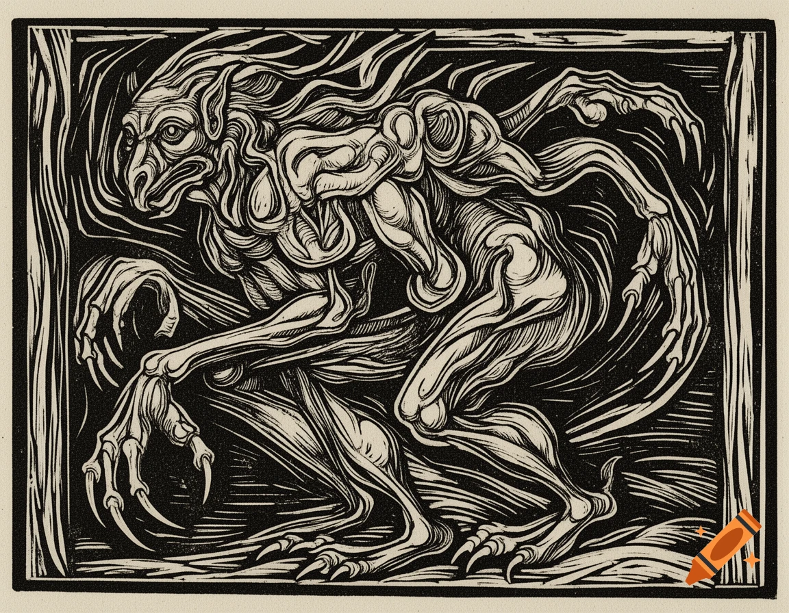 A black and white surreal monster in a medieval woodcut style, crouching with sharp claws and flowing forms.