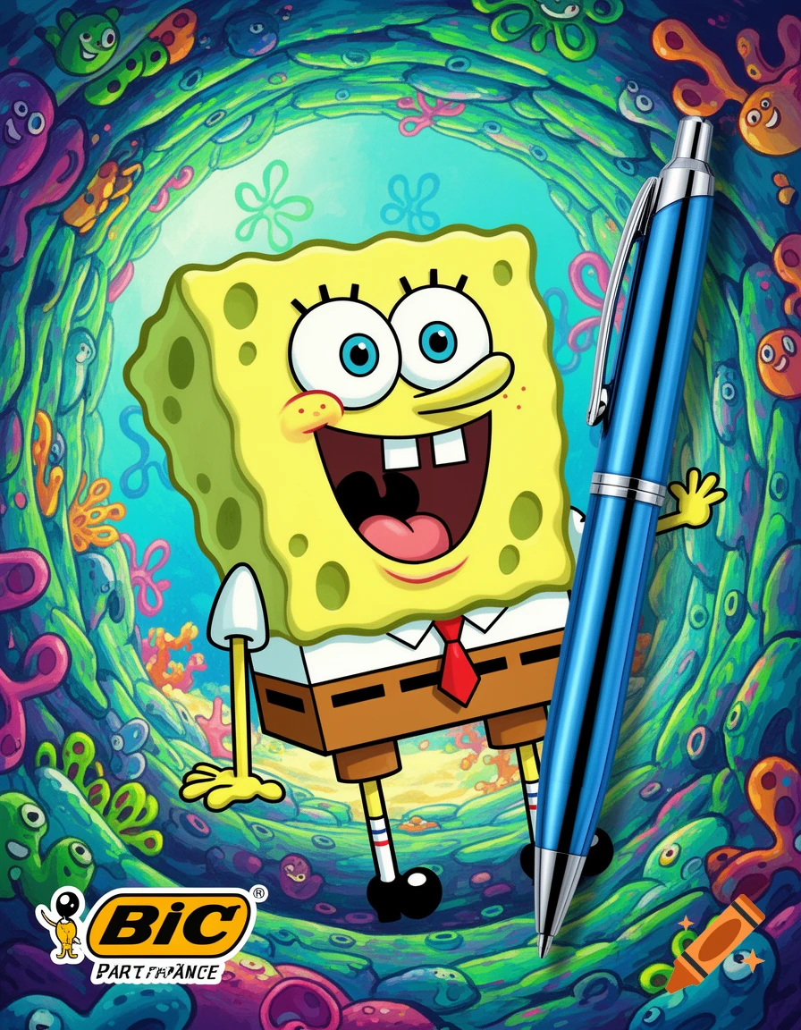 Spongebob Squarepants holding a blue pen in a vibrant underwater cartoon setting with a BIC logo.