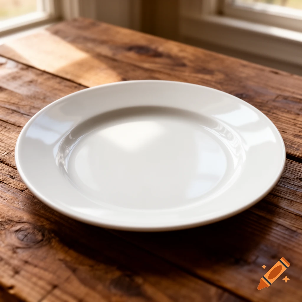 A white dinner plate rests on a rustic wooden table bathed in sunlight from a nearby window.
