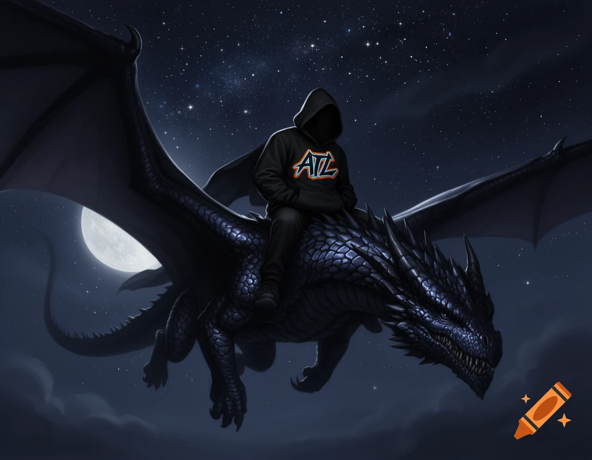 A hooded figure on a black dragon flying under a starry night sky with a full moon.