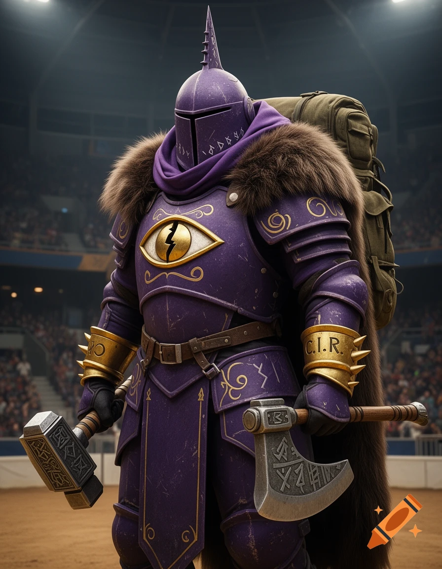 A fully armored fantasy warrior in purple and gold armor with a fur cloak, holding a hammer and axe, in an arena.