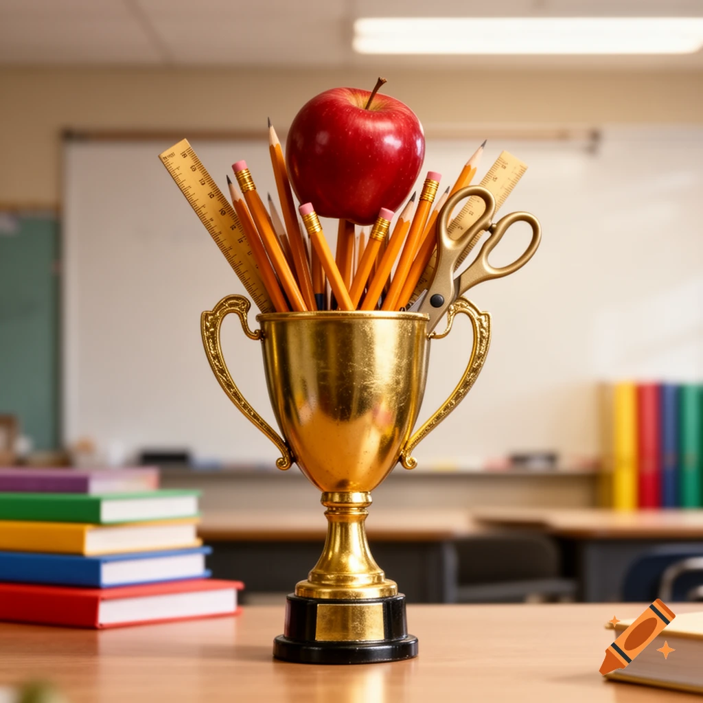 A golden trophy overflowing with pencils, rulers, scissors, and a red apple, sitting on a classroom desk with colorful books.