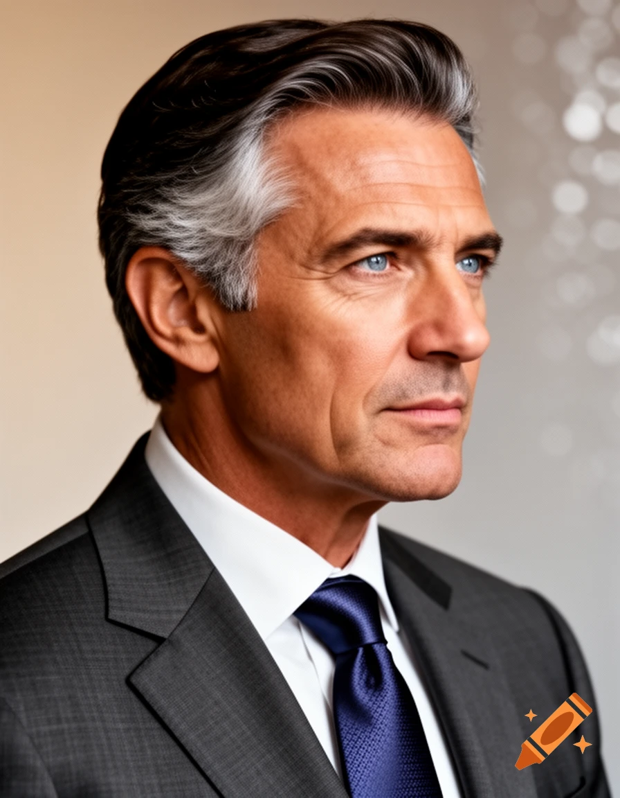 Photorealistic portrait of a distinguished middle-aged man with dark and gray hair and piercing blue eyes, wearing a dark suit and blue tie.