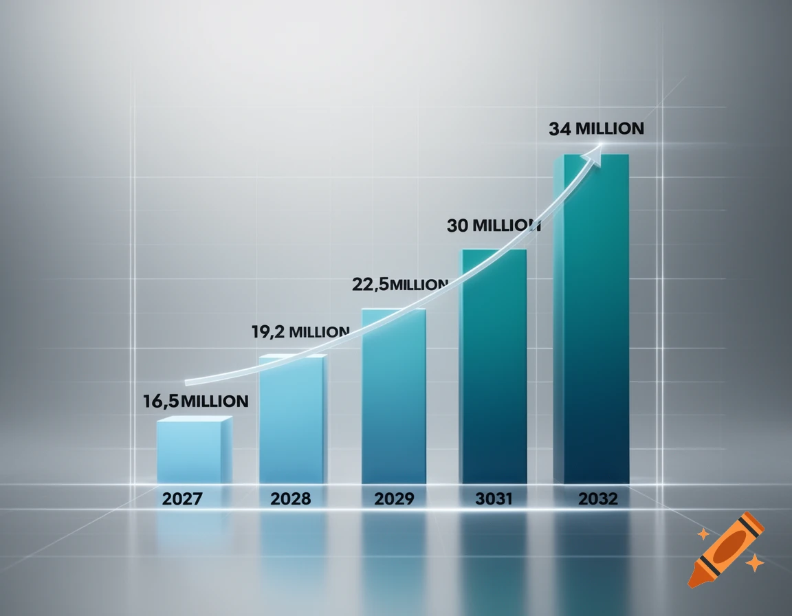 A 3D bar chart showing sales growth from 2027 to 2032, with bars increasing in height and shade of blue. An upward white arrow highlights the trend.