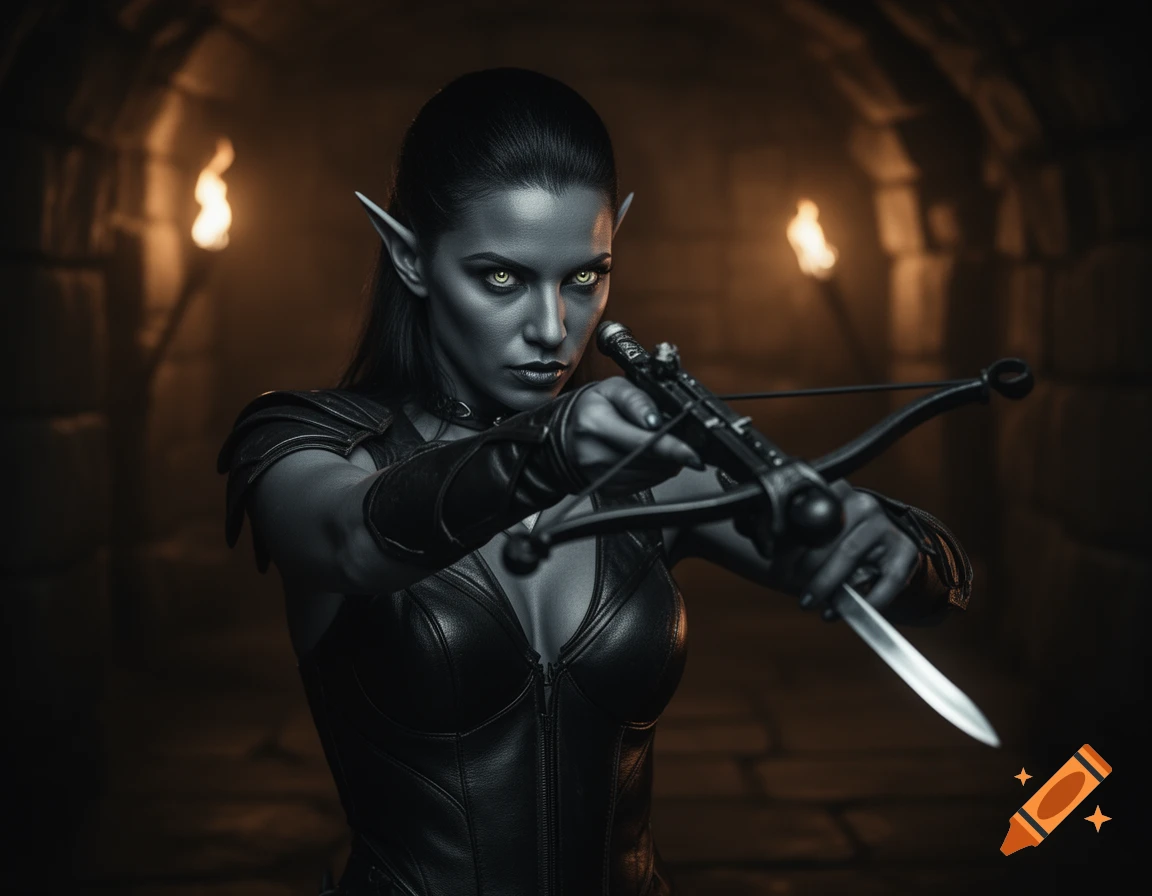 A dark elf assassin with glowing yellow eyes, wearing black leather armor, aims a hand crossbow while holding a silver dagger.
