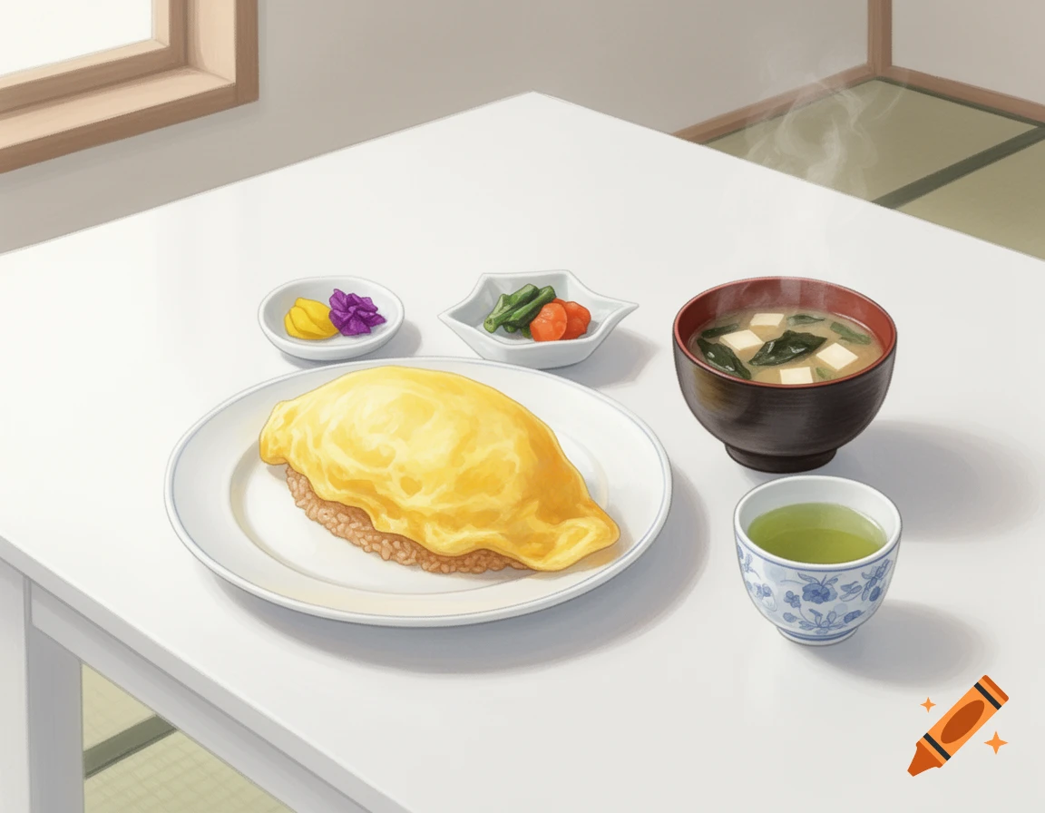 An illustration of a Japanese meal with omelette rice, miso soup, pickles, and green tea on a white table.