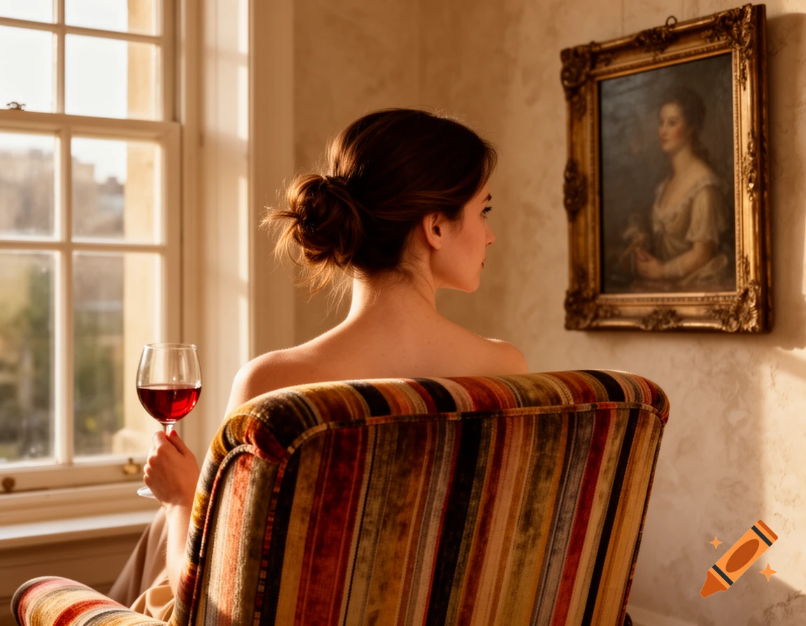 A woman with bare shoulders and a bun, seated in a striped armchair, holding a glass of red wine while looking out a window. A vintage framed painting hangs on the wall.