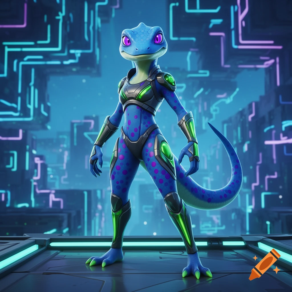 Blue anthropomorphic lizard character with lavender eyes and purple polka dots in cybernetic armor, standing on a glowing platform in a futuristic neon environment.