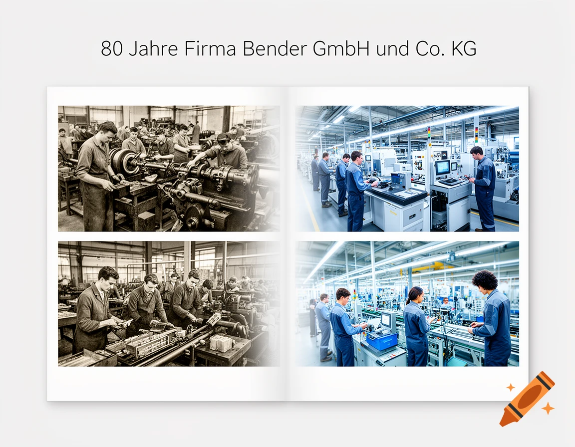 A book spread with text '80 Jahre Firma Bender GmbH und Co. KG' featuring sepia-toned photos of old factories and color photos of modern ones.