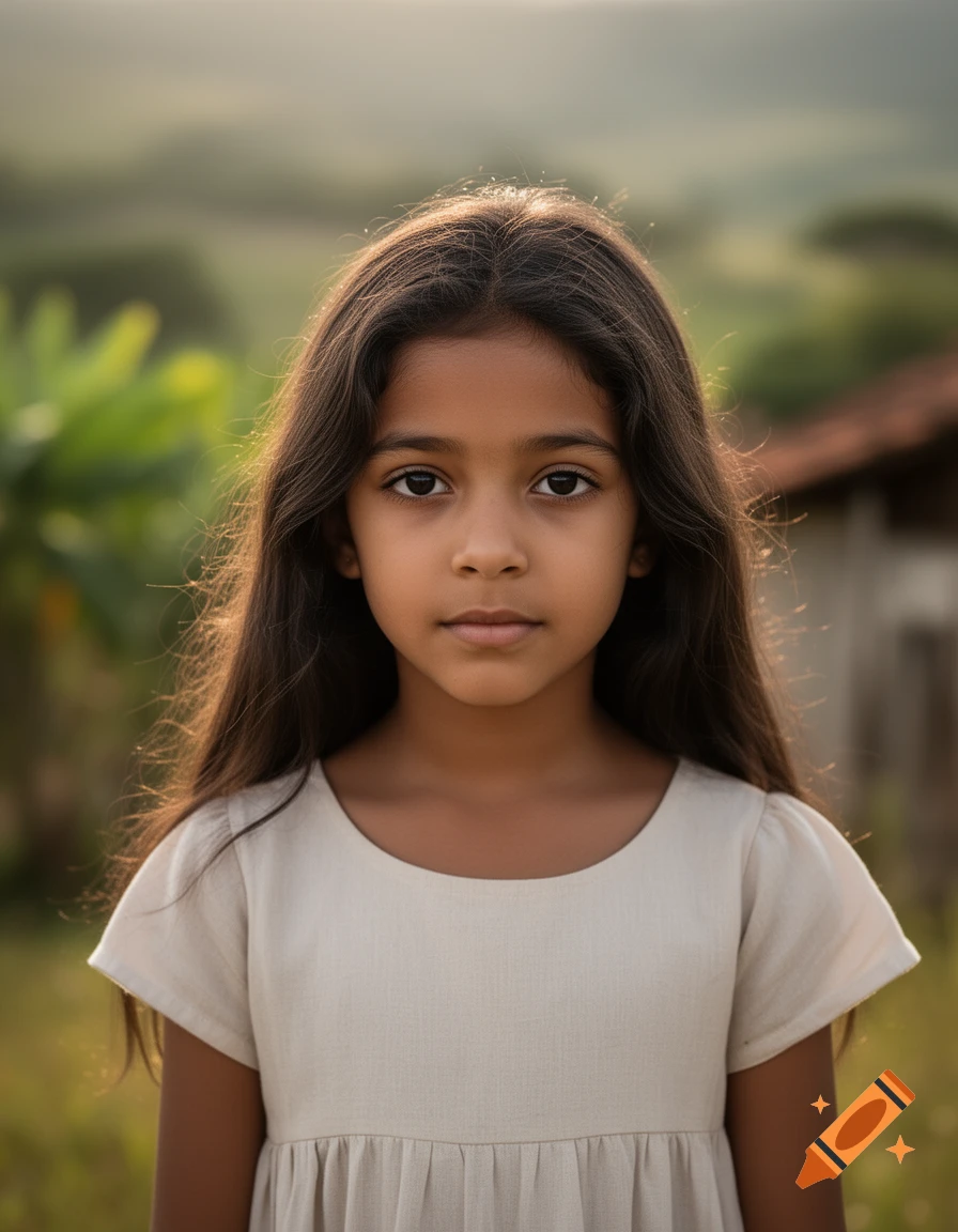 Photorealistic portrait of a young girl with long dark hair in a light dress, standing outdoors.