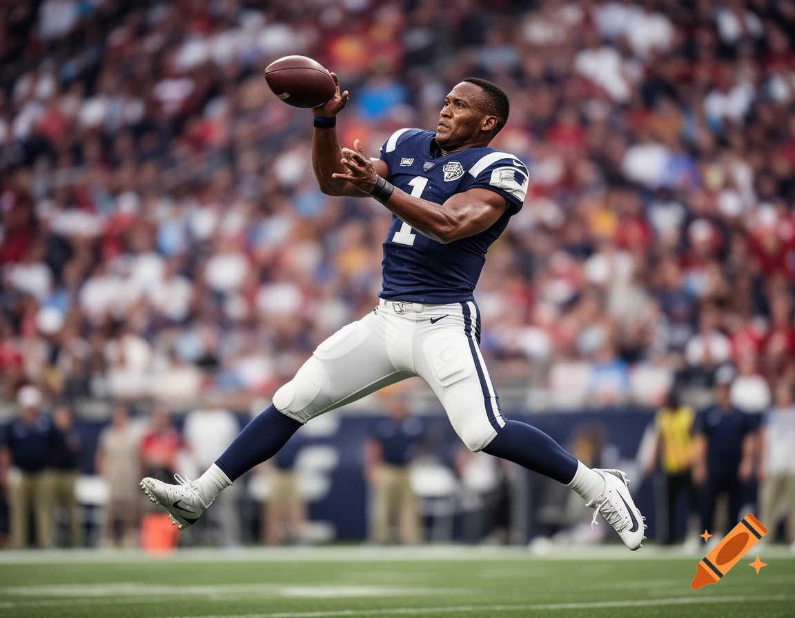 Photorealistic image of an American football player in a blue and white uniform leaping to catch a football during a game.