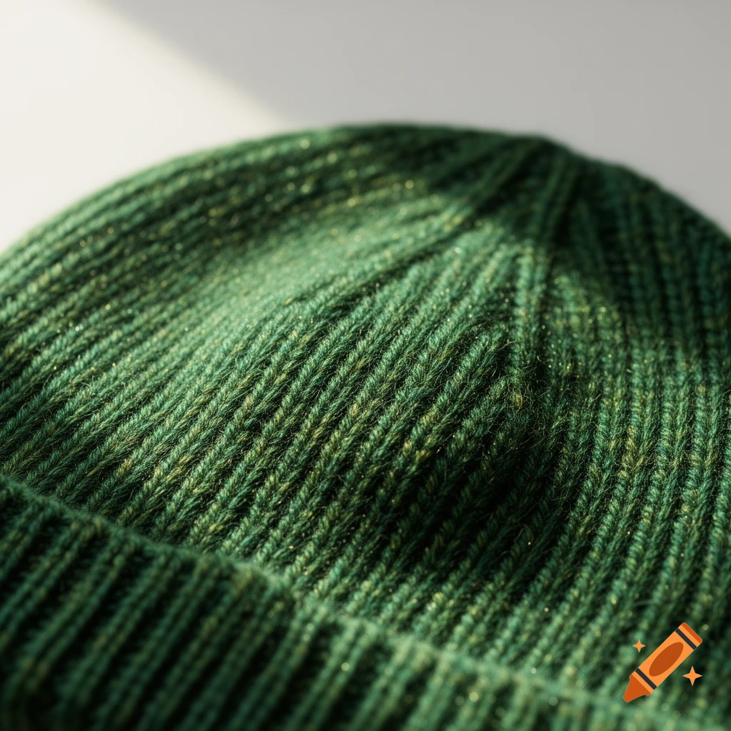 Close-up of a green knitted beanie, showing the ribbed texture of the fabric with flecks of lighter yarn.