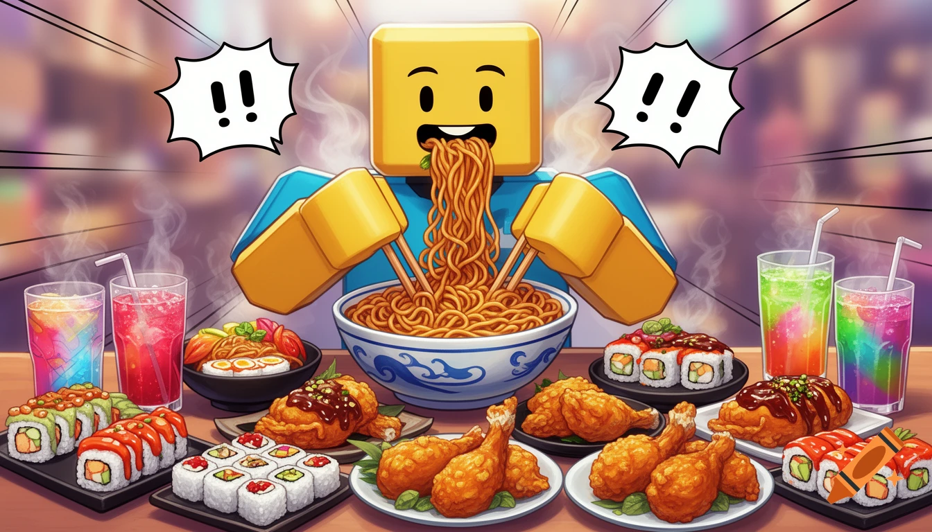 A cartoon Roblox character enthusiastically eats noodles from a large bowl, surrounded by a mukbang spread of sushi, fried chicken, and colorful drinks.