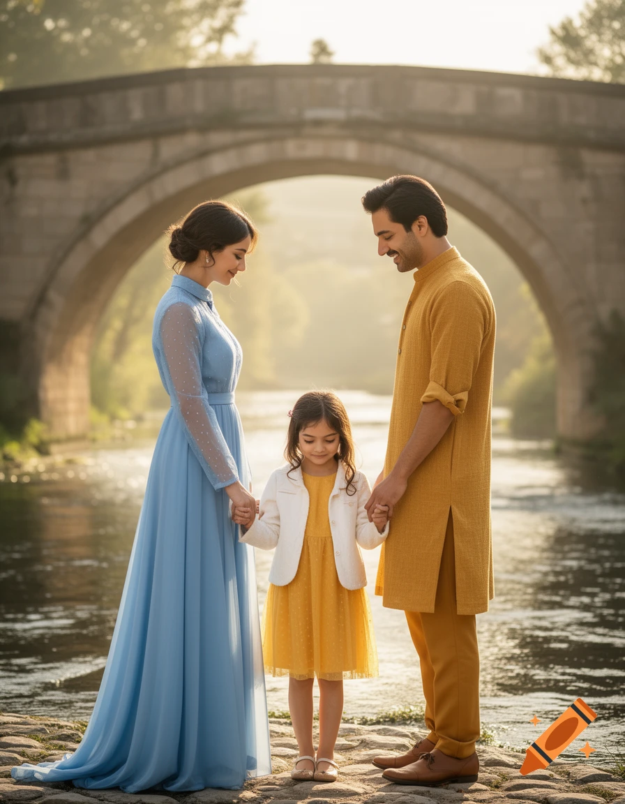 A family portrait featuring a man, woman, and child holding hands in traditional attire, standing by a river with an old stone bridge in the background, bathed in golden sunlight.