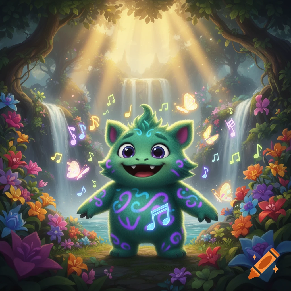 A happy, fuzzy green monster with glowing musical notes in a vibrant, magical forest with waterfalls and flowers.