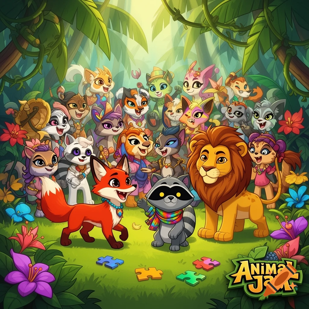 Vibrant cartoon illustration of many anthropomorphic animals including a fox, raccoon, and lion in a lush jungle with puzzle pieces, featuring the 'Animal Jam' logo.