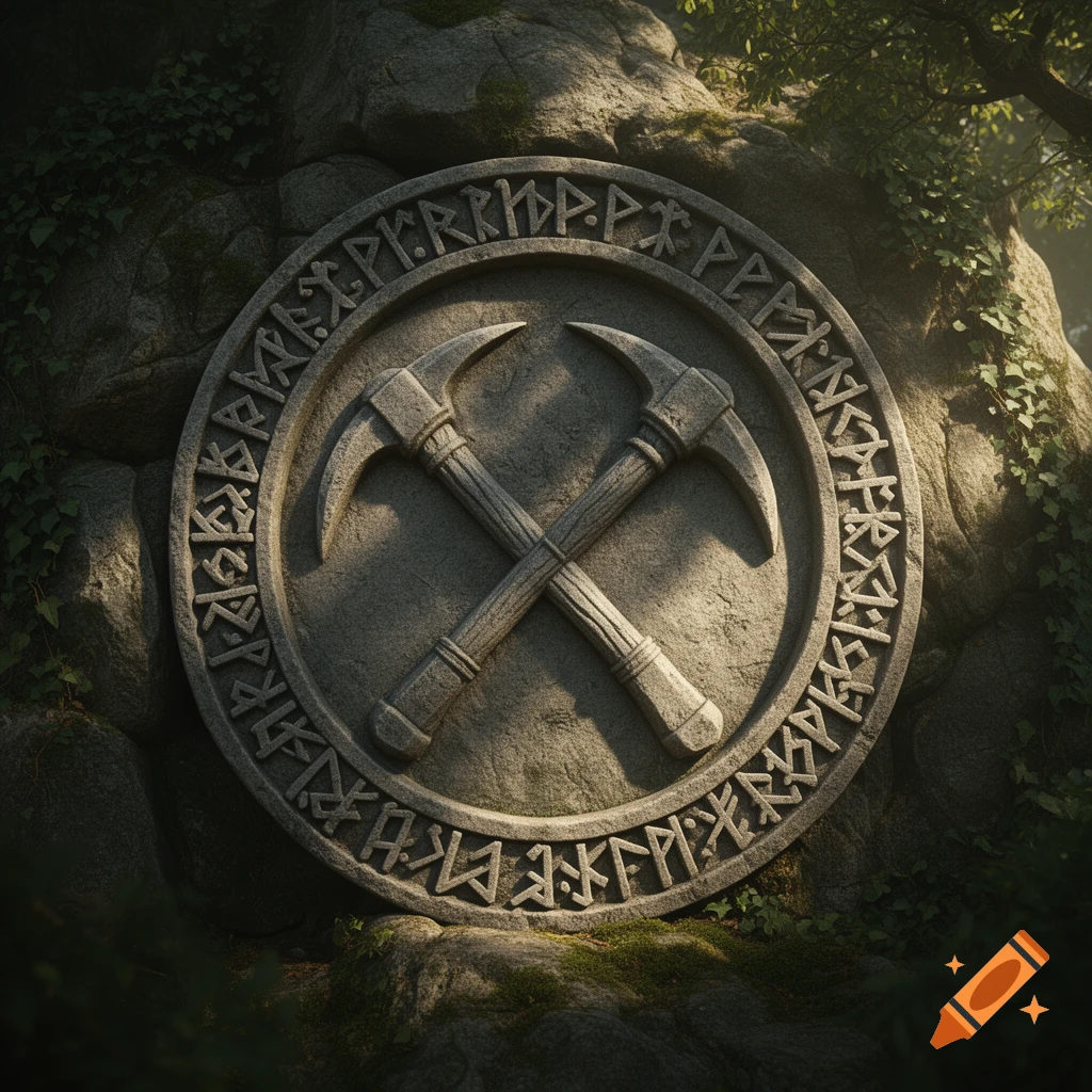 A round dwarven stone motif with criss-crossed pickaxes in the center, surrounded by decorative runes, carved into a mossy rock wall in a forest.